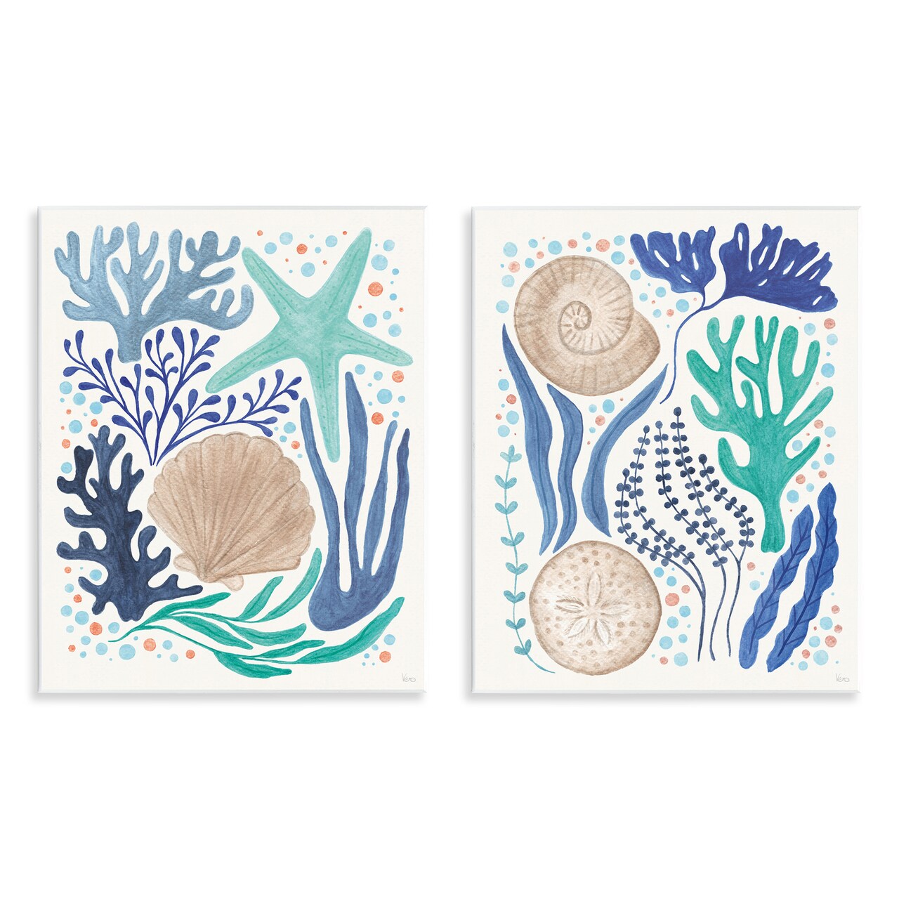 Stupell Industries Coastal Currents Sea Life 2pc Wall Plaque Art Set Design by Veronique Charron